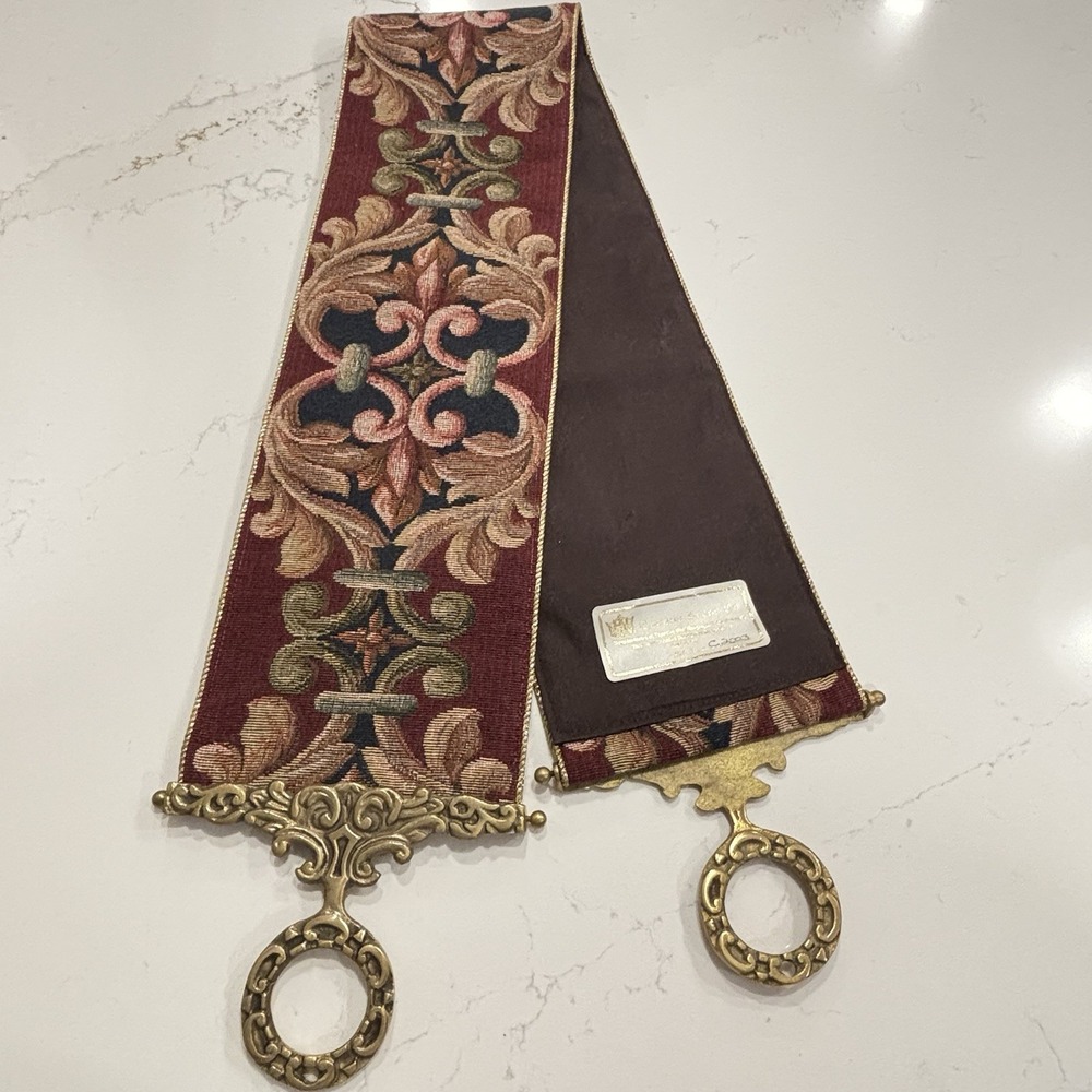 VTG Corona Decor Co - Tapestry Bell Pull Wall Hanging Brass Burgundy 50" C2003